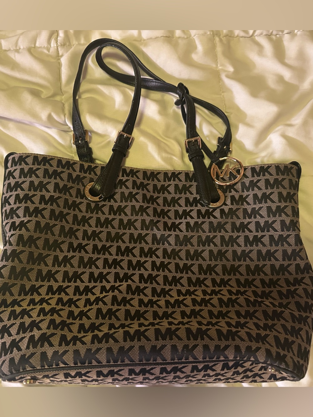 Michael Kors Black and Brown Logo Tote with Gold Charm
